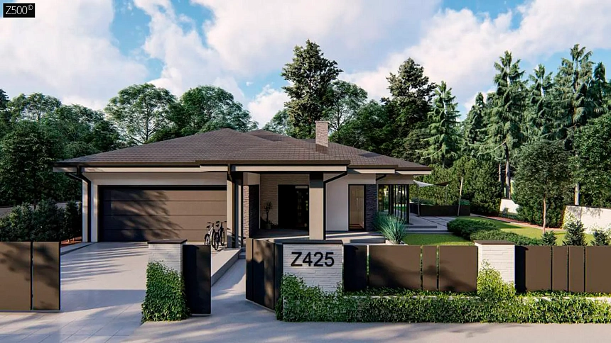 Cовременный одноэтажный дом с многоскатной крышей и гаражом на две машины.