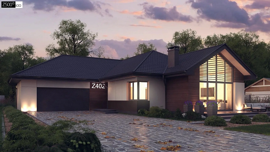 Стильный одноэтажный дом с панорамным остеклением в гостиной