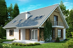 Дом с мансардой, с эркером и балконом, со стильным оформлением фасадов.