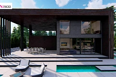 Современный двухэтажный дом с плоской кровлей и навесом для автомобиля