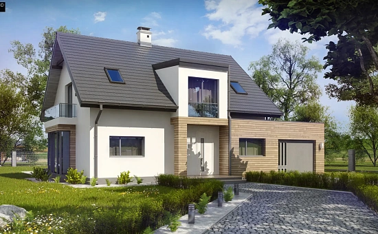 Стильный дом с оригинальными мансардными окнами, с гаражом и кабинетом на первом этаже.