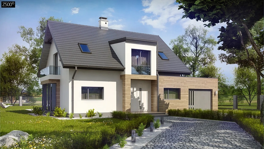 Стильный дом с оригинальными мансардными окнами, с гаражом и кабинетом на первом этаже.