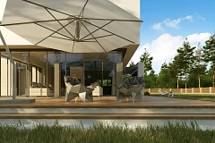 Современный двухэтажный дом с просторной террасой и гаражом на две машины.