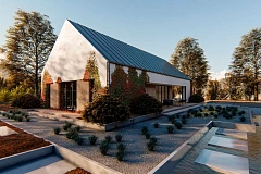 Современный дом с двускатной крышей и навесом под одно авто