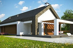 Современный дом с двускатной крышей на узком участке