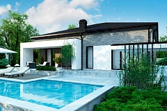 Традиционный одноуровневый дом с функциональным расположением комнат и гаражом на 2 авто.