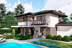 Двухэтажный дом с многоскатной крышей, гараж на 2 машины, большая гостиная