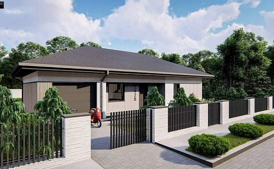 Современный одноэтажный дом с гаражом на одну машину, расположенным с левой стороны здания.