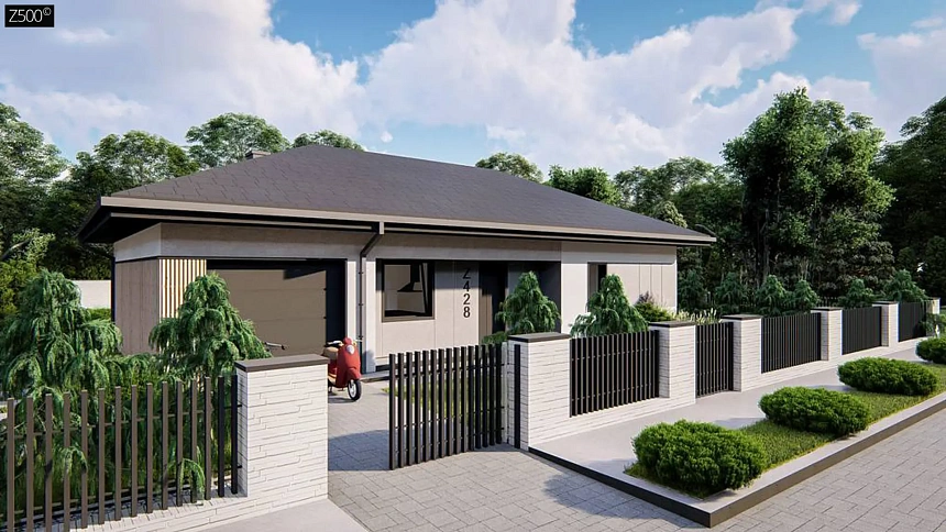 Современный одноэтажный дом с гаражом на одну машину, расположенным с левой стороны здания.