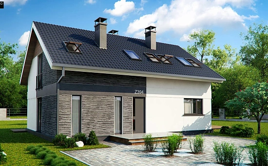 Комфортный проект мансардного дома с панорамным остеклением в гостинной