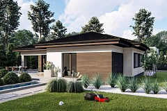 Современный одноэтажный дом с многоскатной крышей и гаражом на две машины.