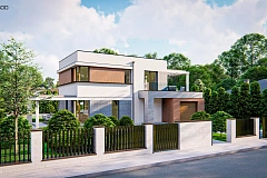 Современный элегантный дом с гостиной с фронтальной стороны.