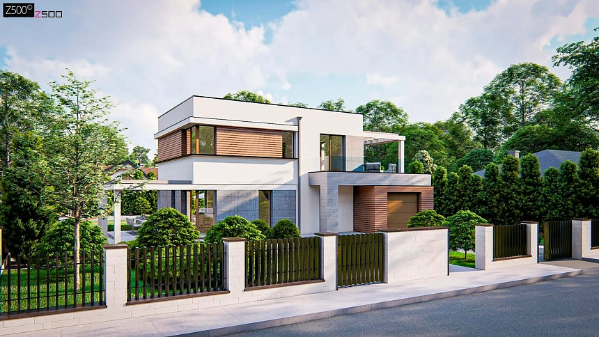 Современный элегантный дом с гостиной с фронтальной стороны.