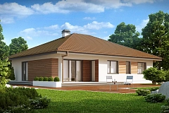 Проект удобного одноэтажного дома с гаражом для двух автомобилей и большим хозяйственным помещением.