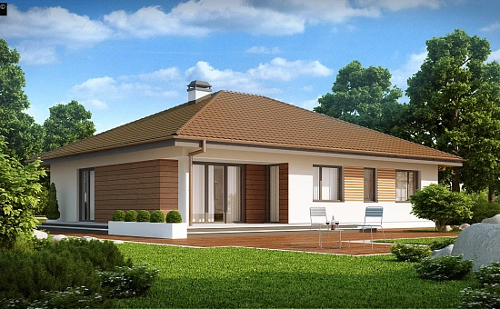 Проект удобного одноэтажного дома с гаражом для двух автомобилей и большим хозяйственным помещением.