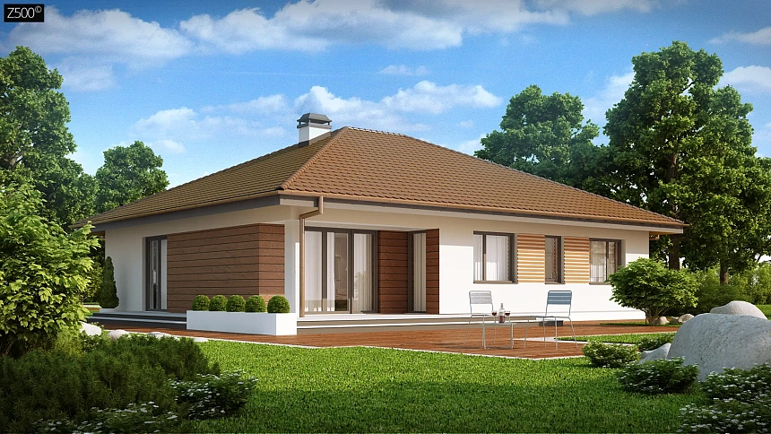 Проект удобного одноэтажного дома с гаражом для двух автомобилей и большим хозяйственным помещением.