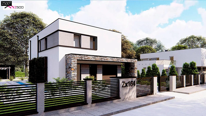 Проект двухэтажного просторного дома с плоской кровлей и панорамным остеклением.