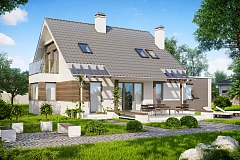 Удобный дом с эркером, балконом и террасой над гаражом.