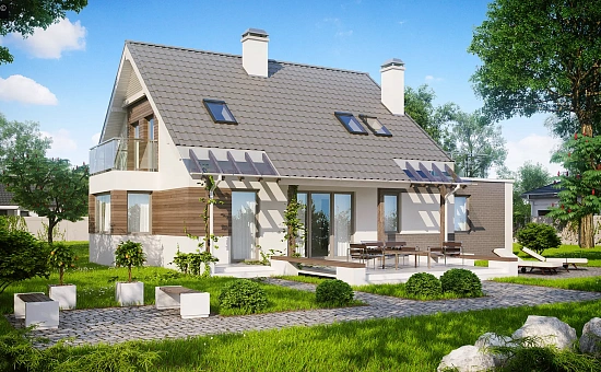 Удобный дом с эркером, балконом и террасой над гаражом.