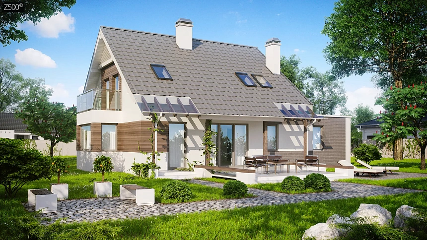 Удобный дом с эркером, балконом и террасой над гаражом.