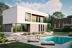 Современный двухэтажный дом с плоской кровлей и панорамным остеклением