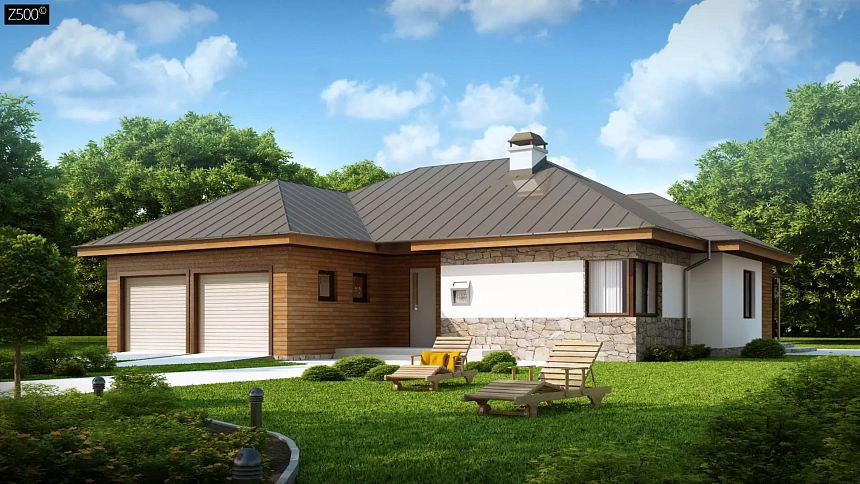 Стильный одноэтажный дом с гаражом для двух автомобилей.