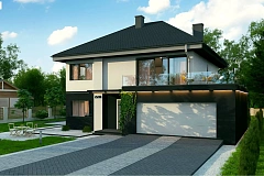 Просторный двухэтажный дом простой формы с террасой над гаражом.