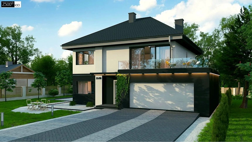 Просторный двухэтажный дом простой формы с террасой над гаражом.