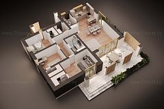 Одноэтажный дом с плоской крышей и 3-мя спальнями.