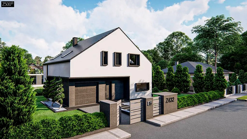 Современный дом с мансардой и двускатной крышей