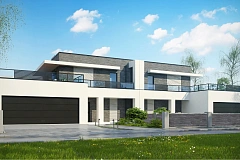 Современный проект домов-близнецов с большим гаражом и террасой на втором этаже.