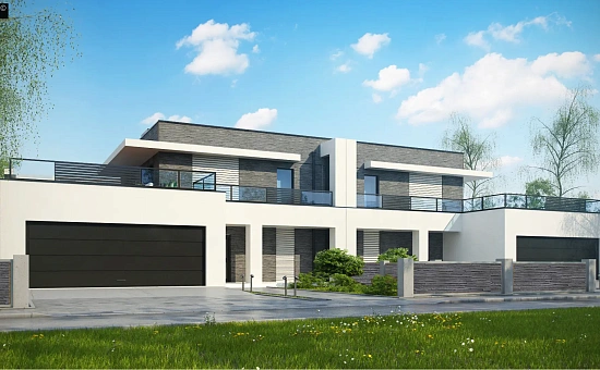 Современный проект домов-близнецов с большим гаражом и террасой на втором этаже.