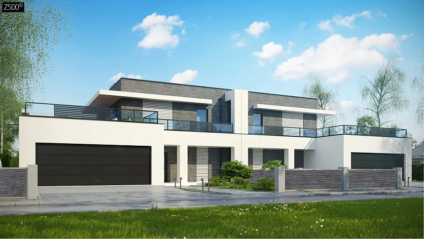 Современный проект домов-близнецов с большим гаражом и террасой на втором этаже.