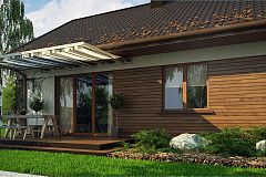 Аккуратный одноэтажный дом с деревянной отделкой на фасадах.