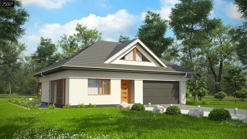 Функциональный, уютный дом с эффектными фасадными окнами на мансарде.