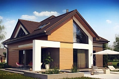 Необычные мансардные окна, фронтальный гараж и современные фасады выделяют этот проект среди остальных.