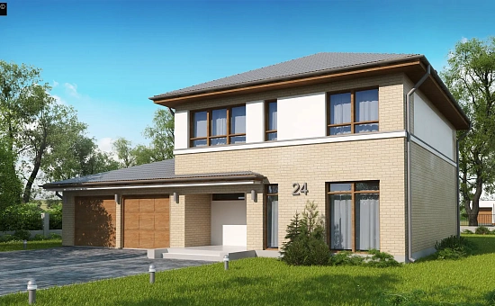 Версия двухэтажного дома Zx24 c увеличенным гаражом для двух машин