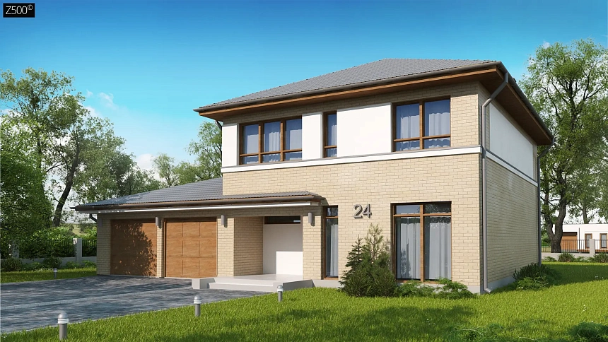 Версия двухэтажного дома Zx24 c увеличенным гаражом для двух машин