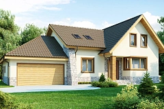 Проект традиционного дома с гаражом для двух машин и боковой террасой.