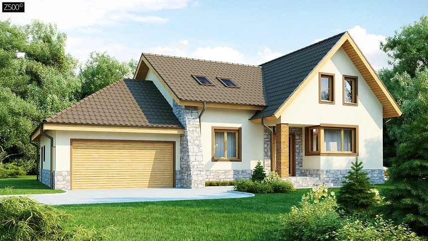 Проект традиционного дома с гаражом для двух машин и боковой террасой.