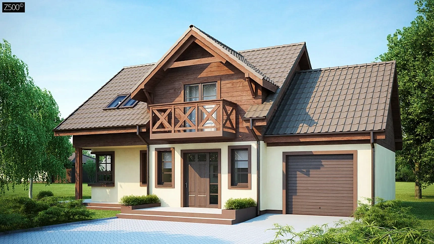 Практичный дом с гаражом, с красивым мансардным окном и боковой террасой.
