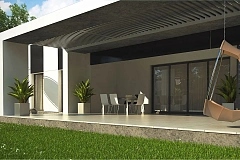 Проект современного одноэтажного дома с черно-белыми фасадами и открытым гаражом на 2 машины