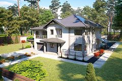 Двухэтажный просторный дом с множеством комнат, гаражом и навесом.