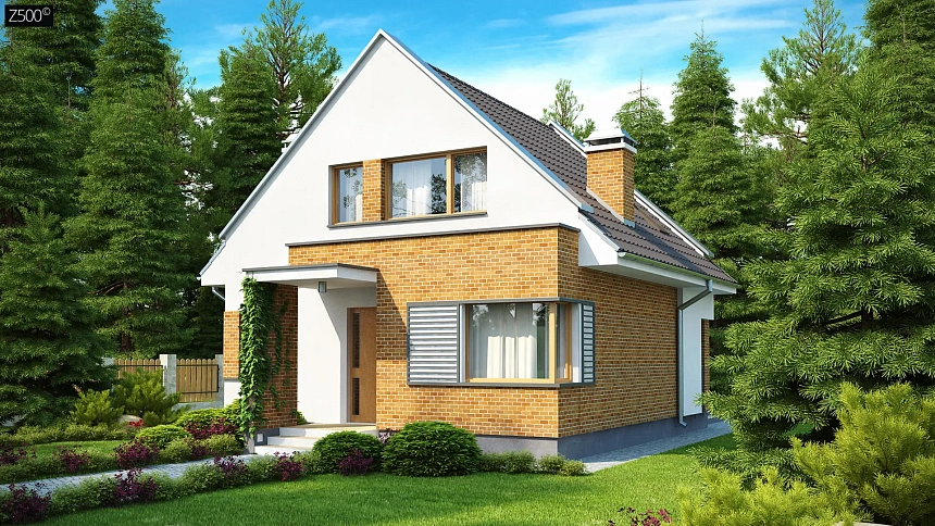Компактный традиционный дом с современными элементами дизайна фасадов.