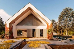 Современный дом с двускатной крышей и навесом под одно авто