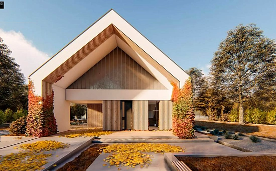 Современный дом с двускатной крышей и навесом под одно авто
