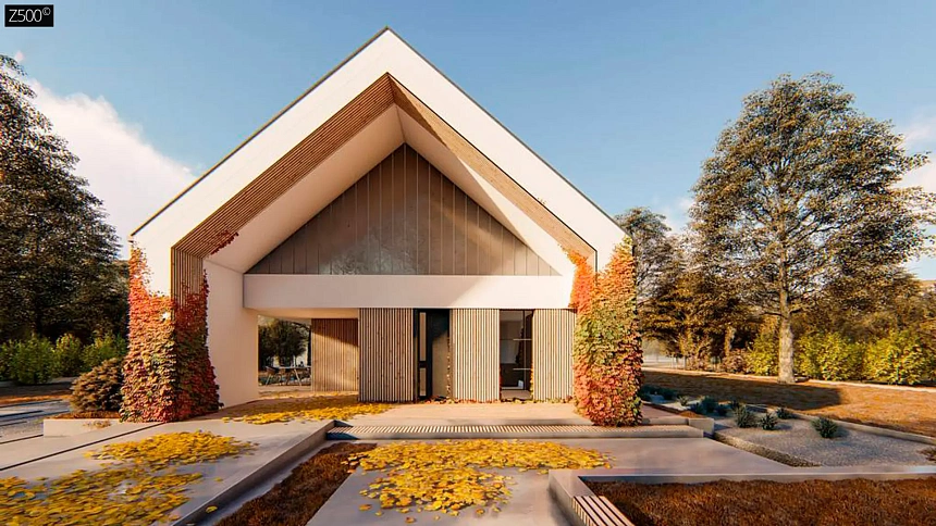 Современный дом с двускатной крышей и навесом под одно авто