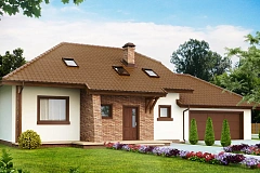 Проект комфортного дома с большим гаражом и дополнительной спальней на первом этаже.