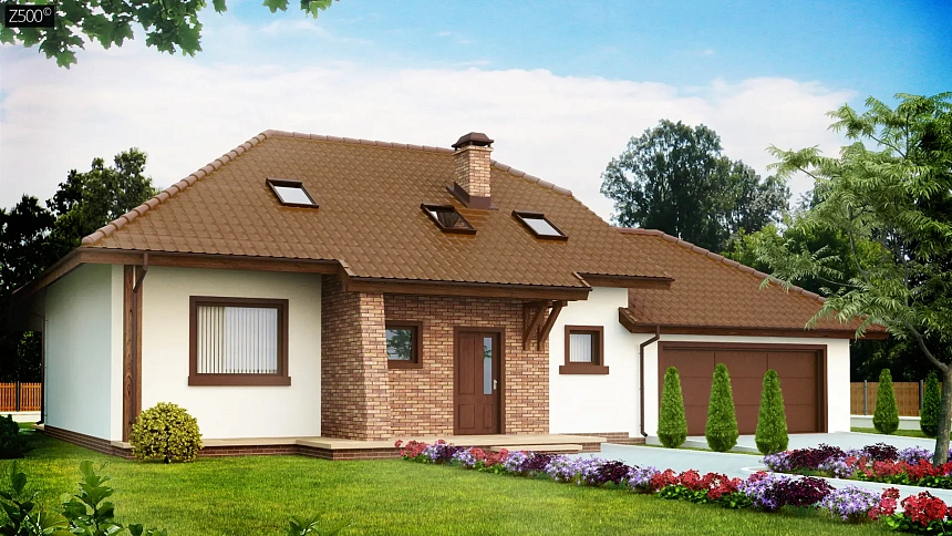 Проект комфортного дома с большим гаражом и дополнительной спальней на первом этаже.