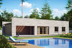 Одноэтажный дом с плоской крышей, со светлым функциональным интерьером и гаражом.